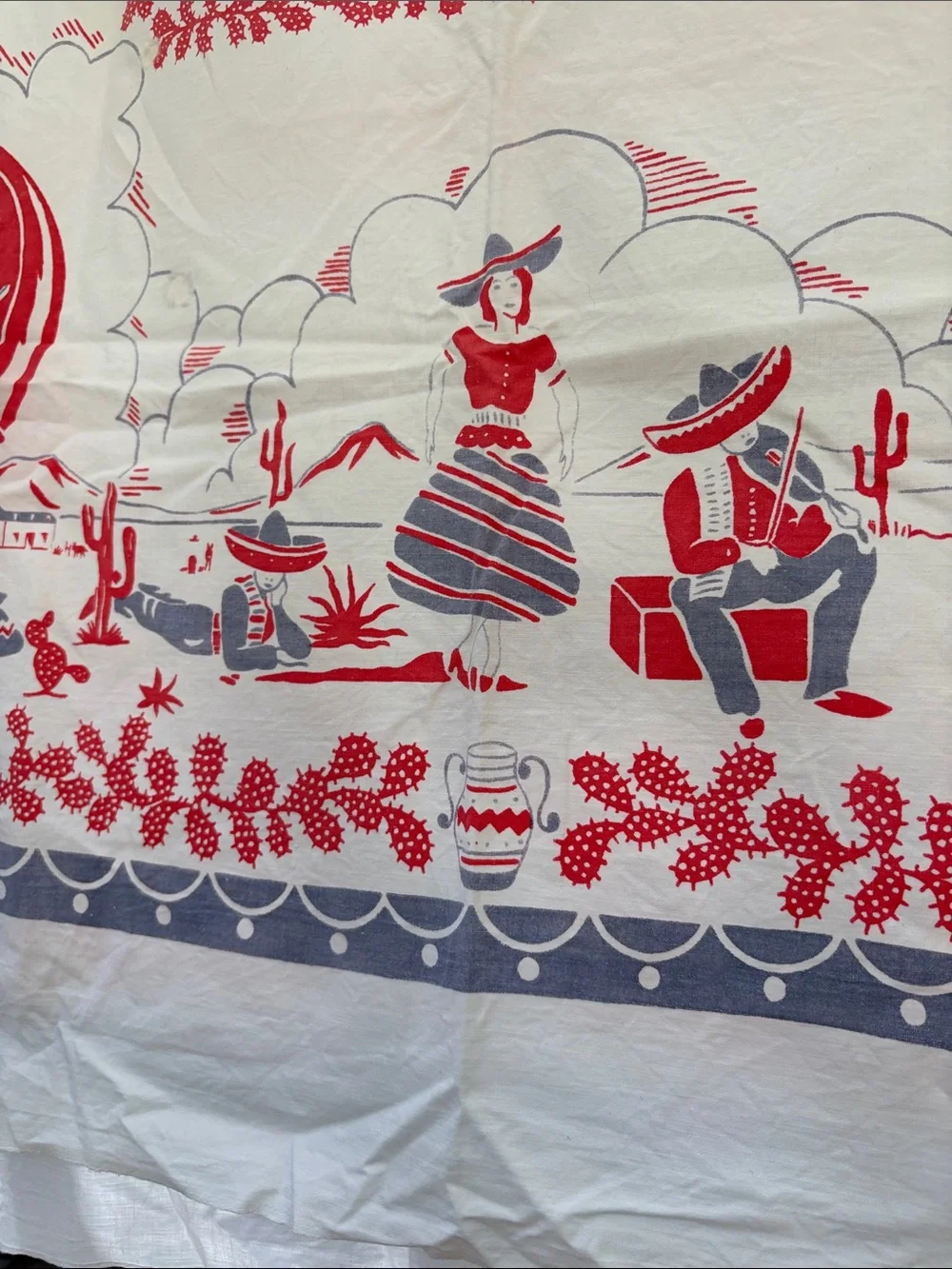 Vintage 1940’s Southwestern Print Tablecloth in Red and Gray. BB